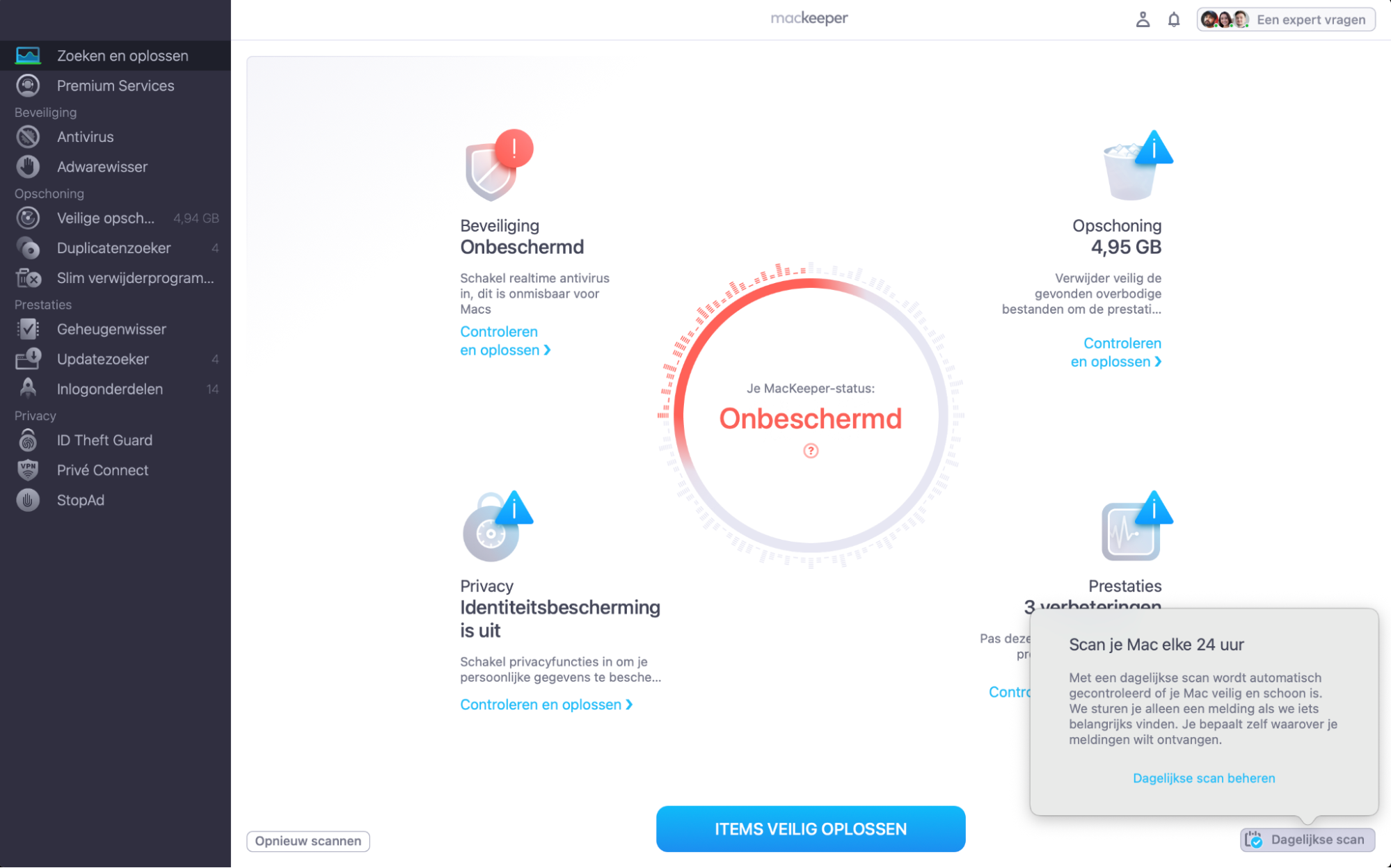 Klik rechtsonder op Dagelijkse scan om je Mac dagelijks op problemen te laten controleren.