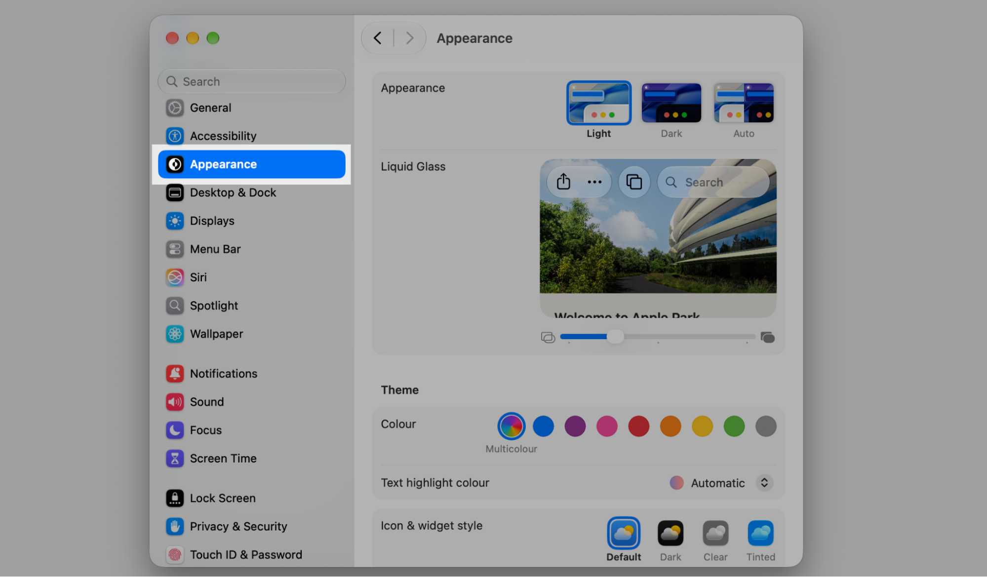 Appearance tab in macOS Tahoe System Settings highlighted in the sidebar, showing Light, Dark, and Auto modes plus Liquid Glass options.