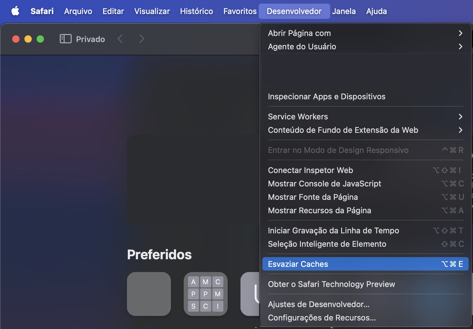 O menu Desenvolvedor no Safari do Mac. Ao selecionar a opção Esvaziar Caches, você pode limpar os arquivos de cache existentes e liberar espaço no Mac.
