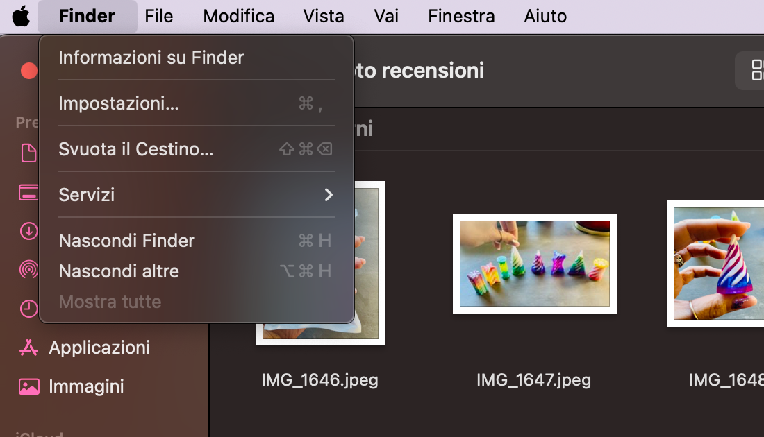 La barra dei menu è aperta e in alto a sinistra compare la voce Finder, vicino all’icona Apple: significa che l’utente sta usando Finder in questo momento.