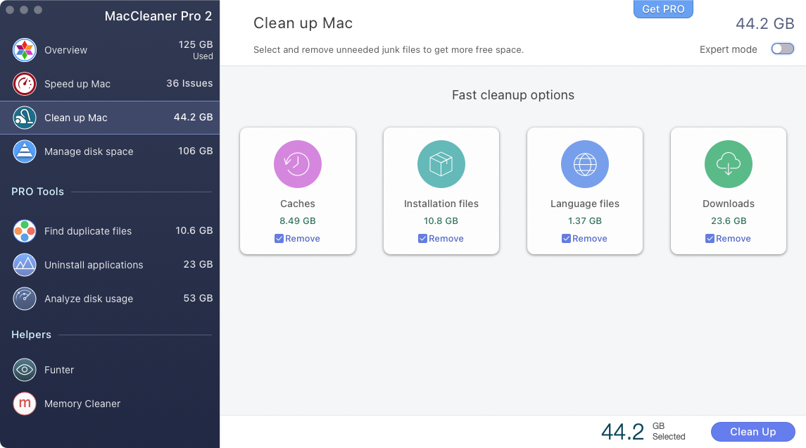 Os resultados da limpeza gerados pelo MacCleaner Pro após a conclusão da verificação, com as principais sugestões de exclusão para o usuário.
