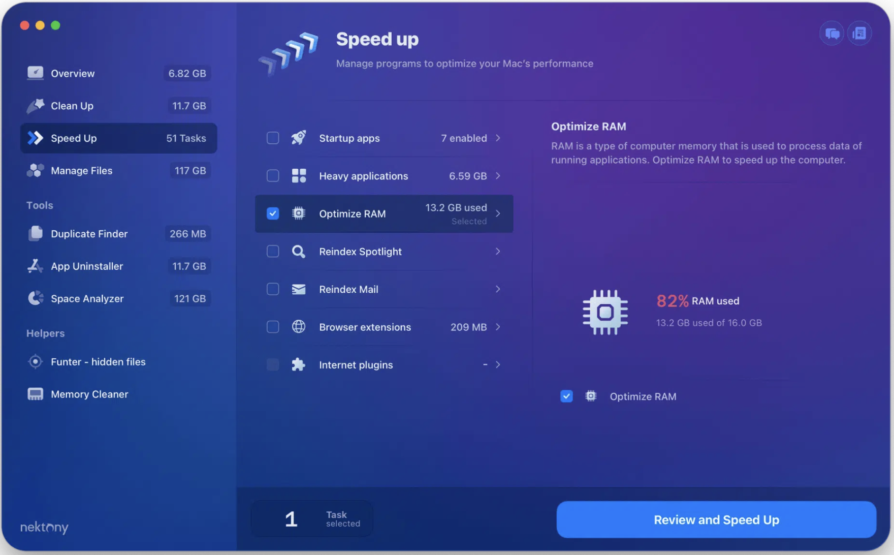 To free up RAM with Nektony Memory Cleaner, after installing and opening the app, you’ll want to click on Speed Up. From there, you should see an Optimize RAM tool. Select and press Review and Speed up to free up RAM.