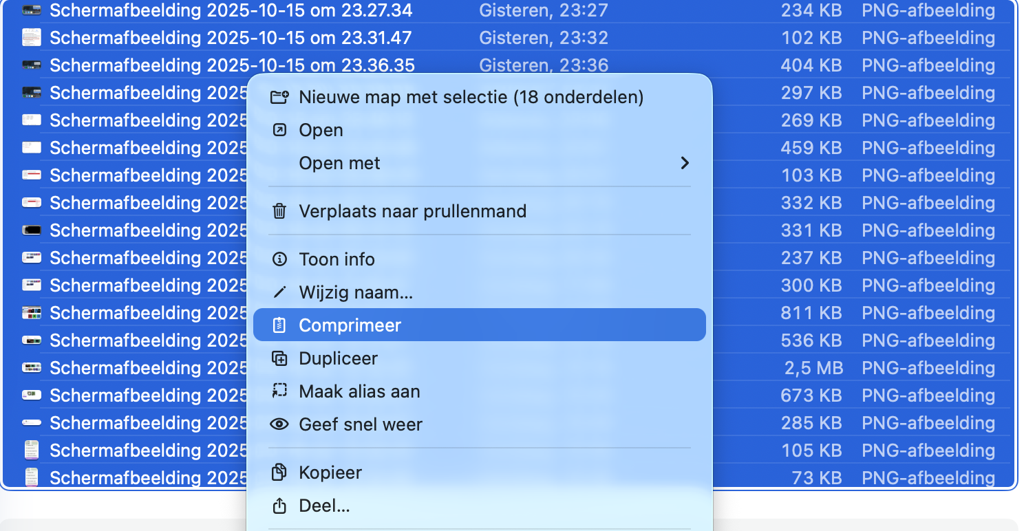 Selecteer de groep bestanden, klik er met de rechtermuisknop op en kies in het weergegeven menu de optie ‘Comprimeer’.