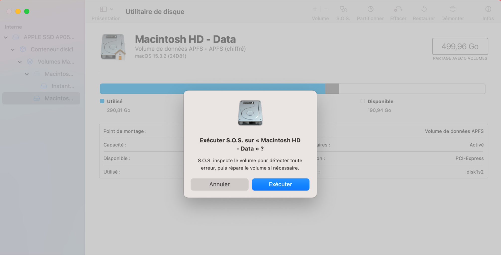Pour autoriser l’Utilitaire de disque à exécuter S.O.S. sur votre disque de démarrage, il vous suffit de cliquer sur Exécuter. Si un problème est détecté, suivez les instructions à l’écran pour sécuriser votre disque de démarrage et améliorer sa vitesse.