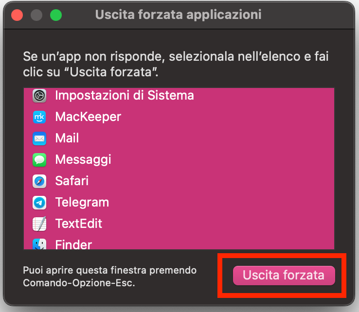 Per risolvere i problemi di Internet sul Mac, seleziona tutte le app in Uscita forzata applicazioni e clicca su Uscita forzata.