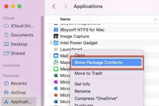 After you have quit OneDrive, open Finder and navigate to OneDrive. Right-click and select Show Package Contents. In that Package Contents Menu, click on Content and then Resources.