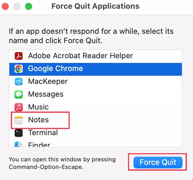 The option to force quit the Notes app appears on a Mac. Force quit the Notes app when it is not working on your MacBook.