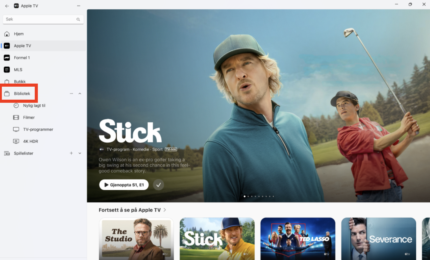 Åpne appen Apple TV og velg Bibliotek for å se listen over lagrede filmer.