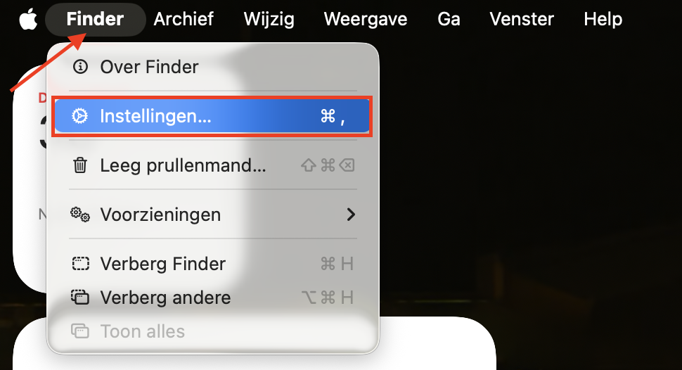 De optie Finder in de menubalk op de Mac. Als je probeert te ontdekken waar de map Apps zich bevindt omdat hij is verdwenen, selecteer dan Instellingen om de snelkoppeling Apps terug te brengen naar de Finder-zijbalk.