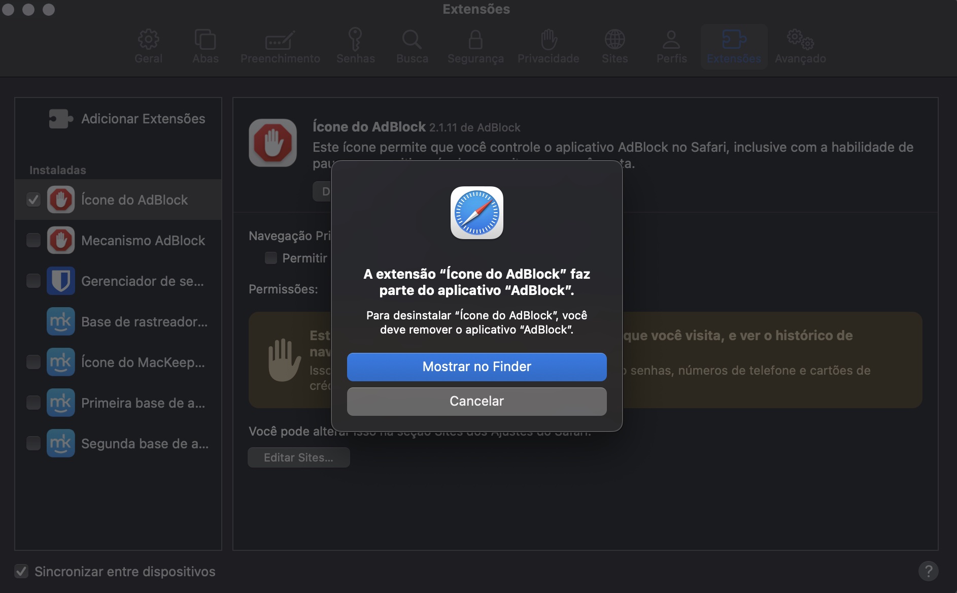 Clique no botão Mostrar no Finder e o macOS mostrará onde a extensão do Safari está instalada. Agora, basta excluí-la como qualquer outro arquivo ou aplicativo.