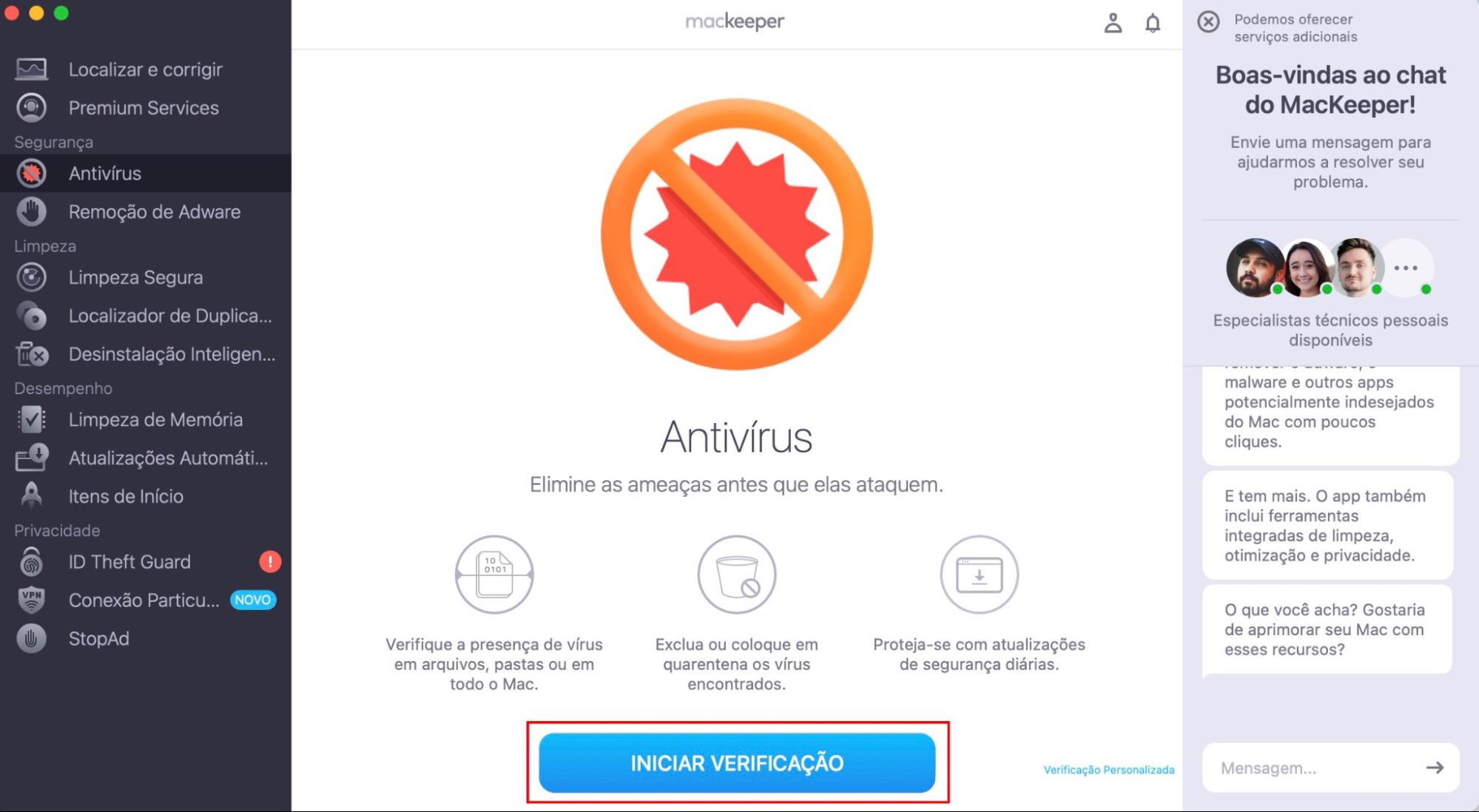 A ferramenta Antivírus no MacKeeper para Mac. Clique em Iniciar Verificação para encontrar e remover todos os vestígios de malware do seu computador.