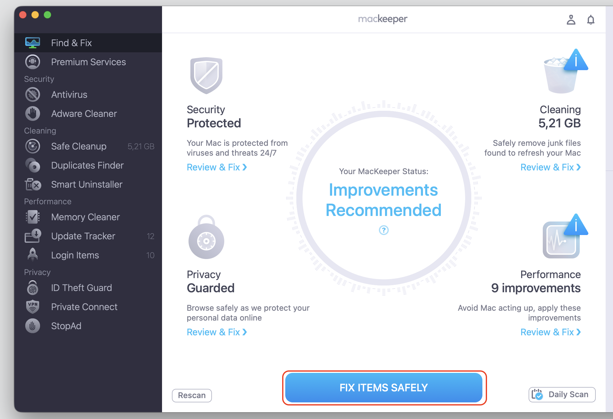 MacKeeper's Find & Fix scan results on an Apple laptop, listing cleaning and performance improvements with the Fix Items Safely button outlined in red.