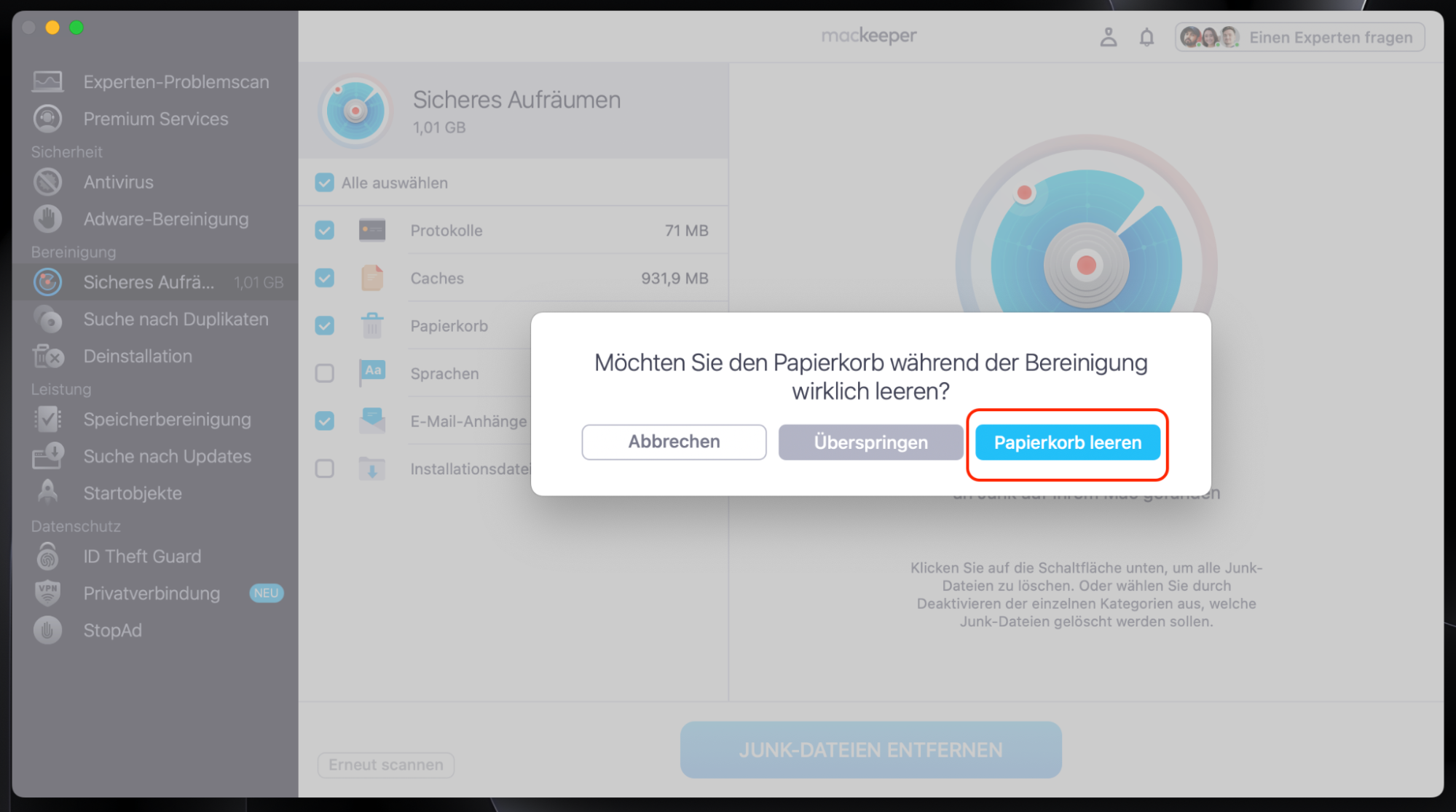 Der letzte Schritt zeigt ein Zwischenfenster, in dem Sie bestätigen müssen, den Papierkorb zu leeren, um den Vorgang zum Löschen des Safari-Caches auf dem Mac abzuschließen.