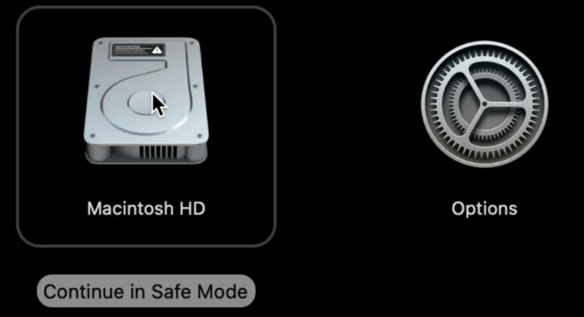 The Continue in Safe Mode option at startup on Mac. If macOS Monterey cannot be installed on Macintosh HD, boot into Safe Mode then try running Software Update from there.