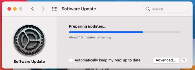 A macOS update preparing to install in Software Update on Mac. Try installing other available macOS releases when you find macOS Monterey cannot be installed on Macintosh HD.