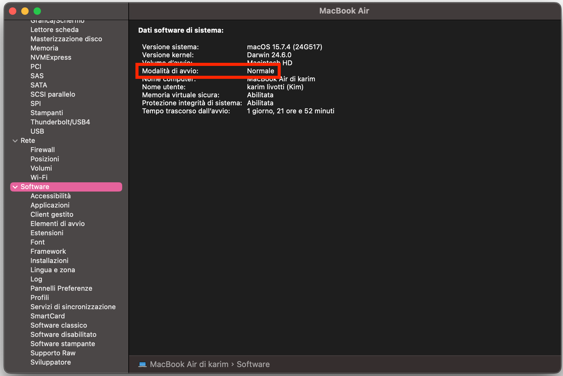 Per controllare se il tuo Mac è in modalità provvisoria, nel menu Resoconto di sistema seleziona Software dall’elenco a sinistra. Nella sezione Modalità di avvio vedrai se il Mac è in modalità provvisoria o in modalità normale.