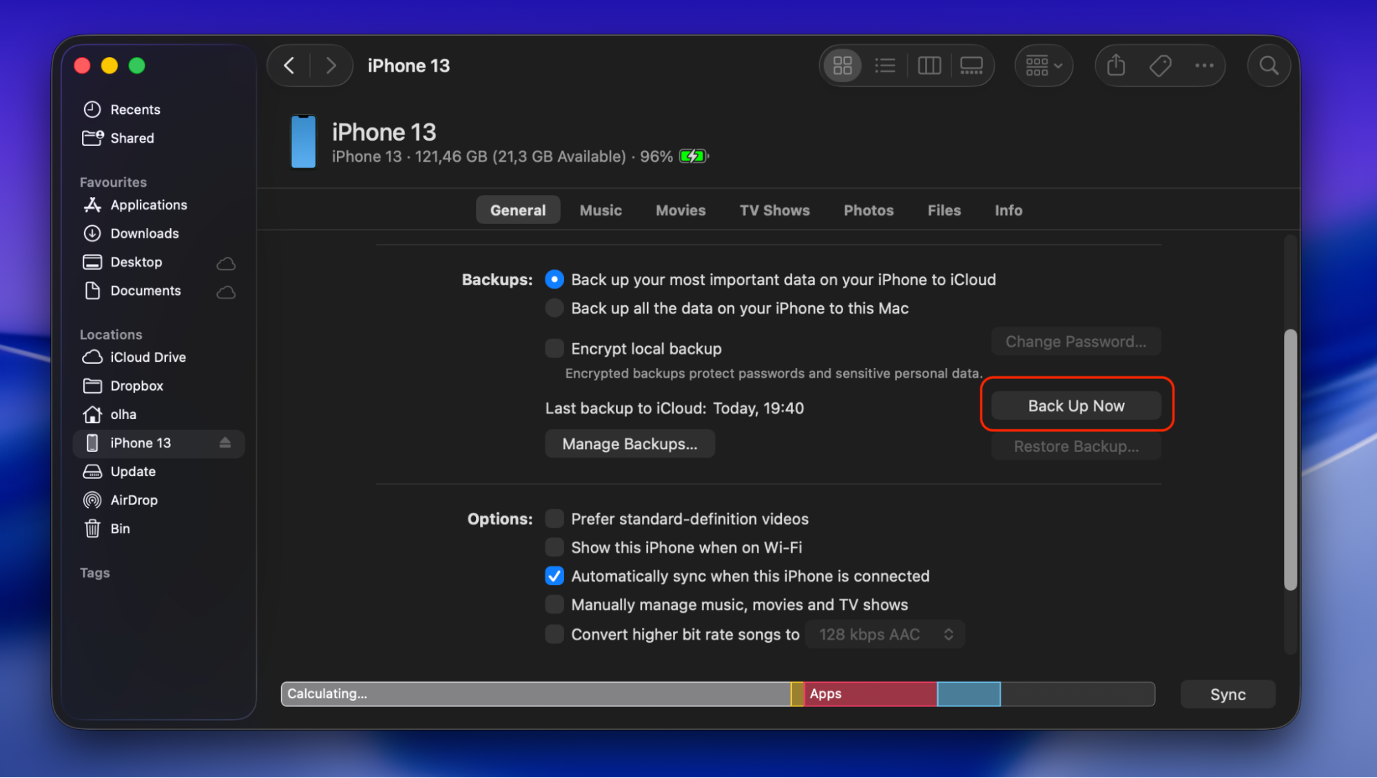The last step to make an iPhone backup on Mac Catalina after enabling the Encrypted backup option is to click the Backup now button to start the process. Also, keep your iPhone connected to your Mac until the backup is completed to avoid interruptions.