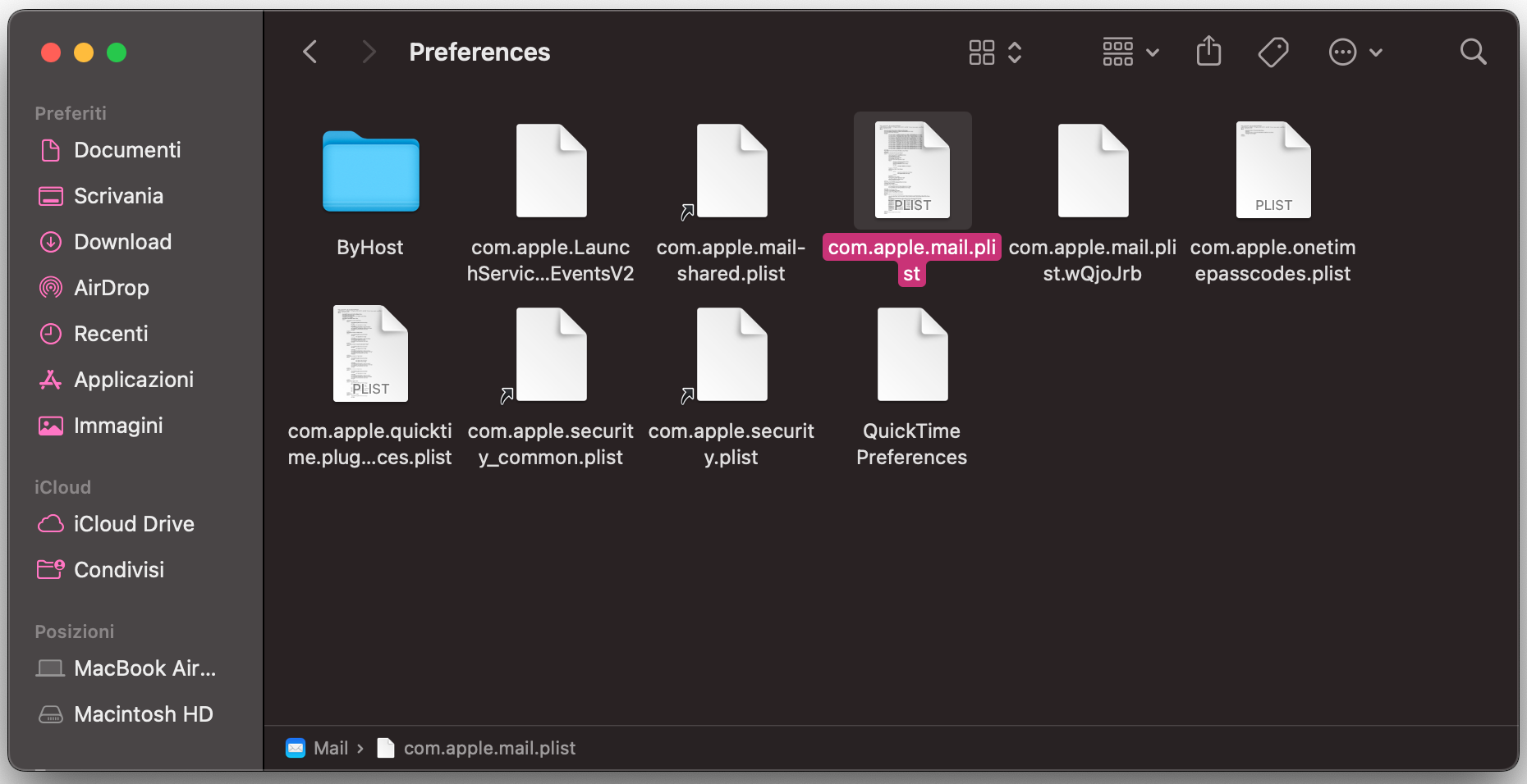 Dopo aver premuto Invio, verrai portato automaticamente a un gruppo di file plist. Trascina il file com.apple.mail.plist sulla Scrivania per reimpostare le preferenze di Mail.