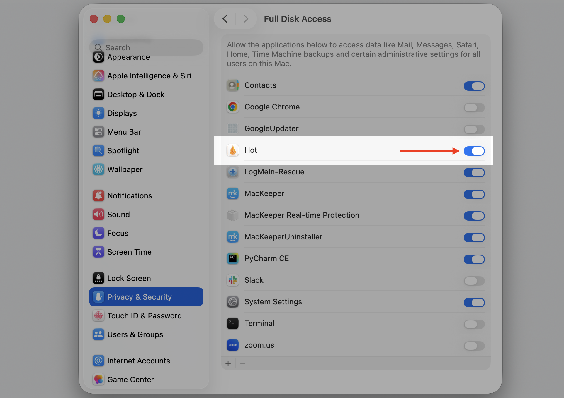 Full Disk Access list on an Apple device with the Hot app toggle switched on, granting the permission the blocked Mac app needs to run.