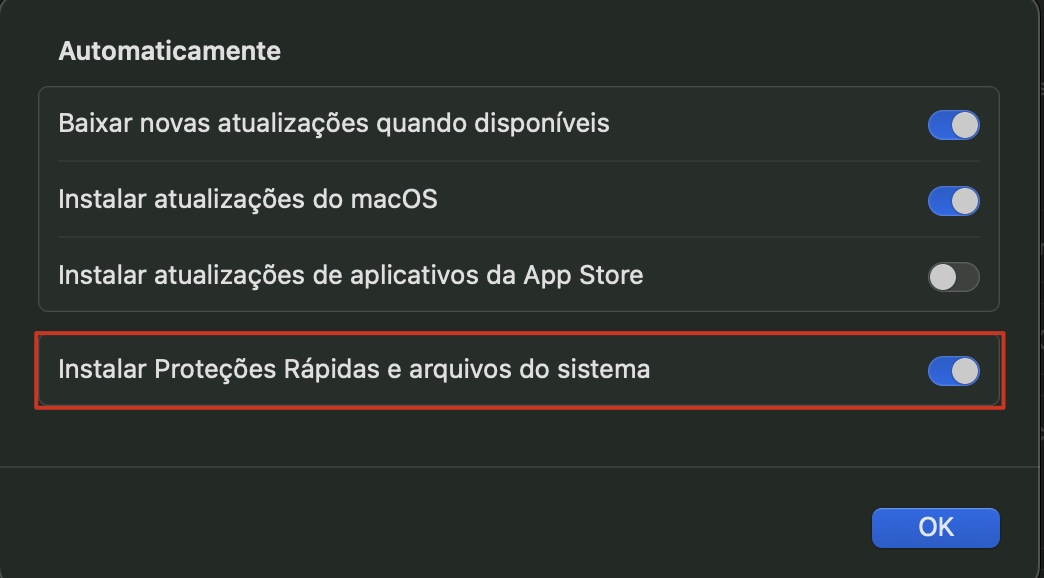 Na janela de Atualização de Software aberta, é possível ver a opção 'Instalar Proteções Rápidas e arquivos do sistema habilitada e destacada com uma caixa vermelha