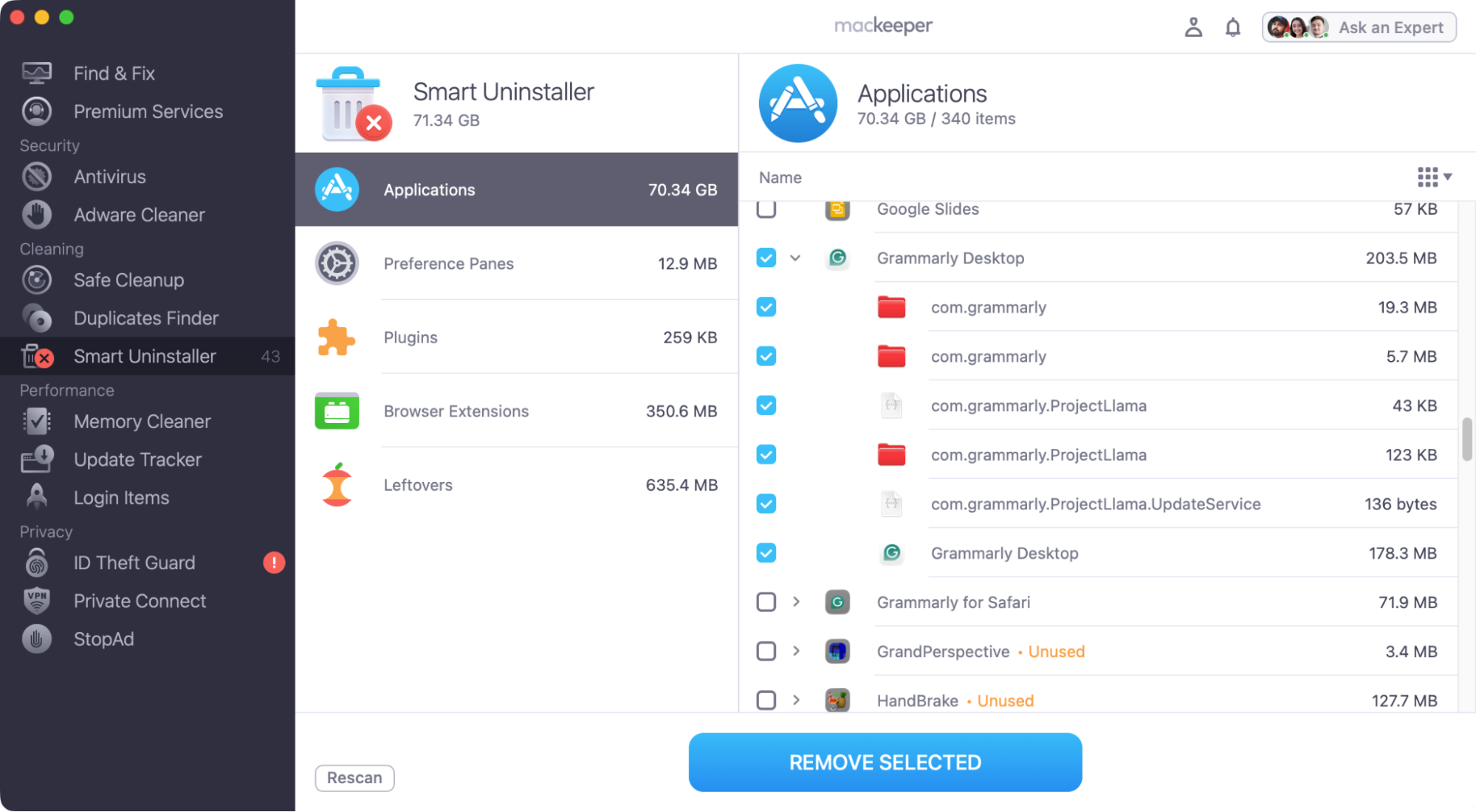 In the Smart Uninstaller tool, click the 'Applications' section to open it. Look through the list of installed apps and find Grammarly Desktop. Select it, then click the 'Remove Selected' button.