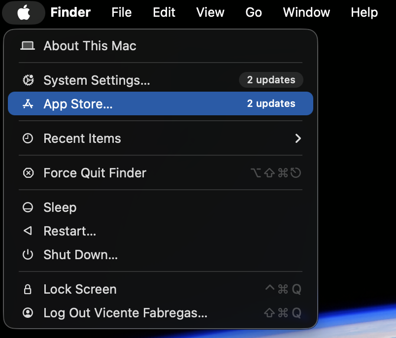 Opening the App Store from the Apple menu on a MacBook is the next step to update the damaged application from its developer source.
