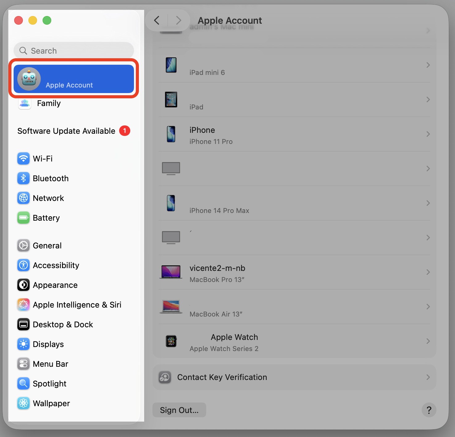 macOS System Settings on an Apple computer showing the Apple Account name selected at the top of the sidebar to manage iCloud sign-in.