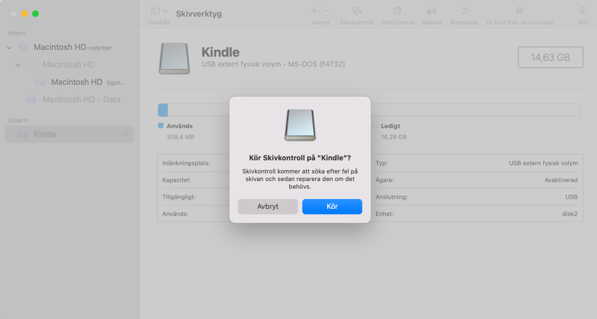 Ett popup-fönster visas där du ombeds bekräfta att du vill köra Skivkontroll. För att bekräfta klickar du helt enkelt på knappen Kör.