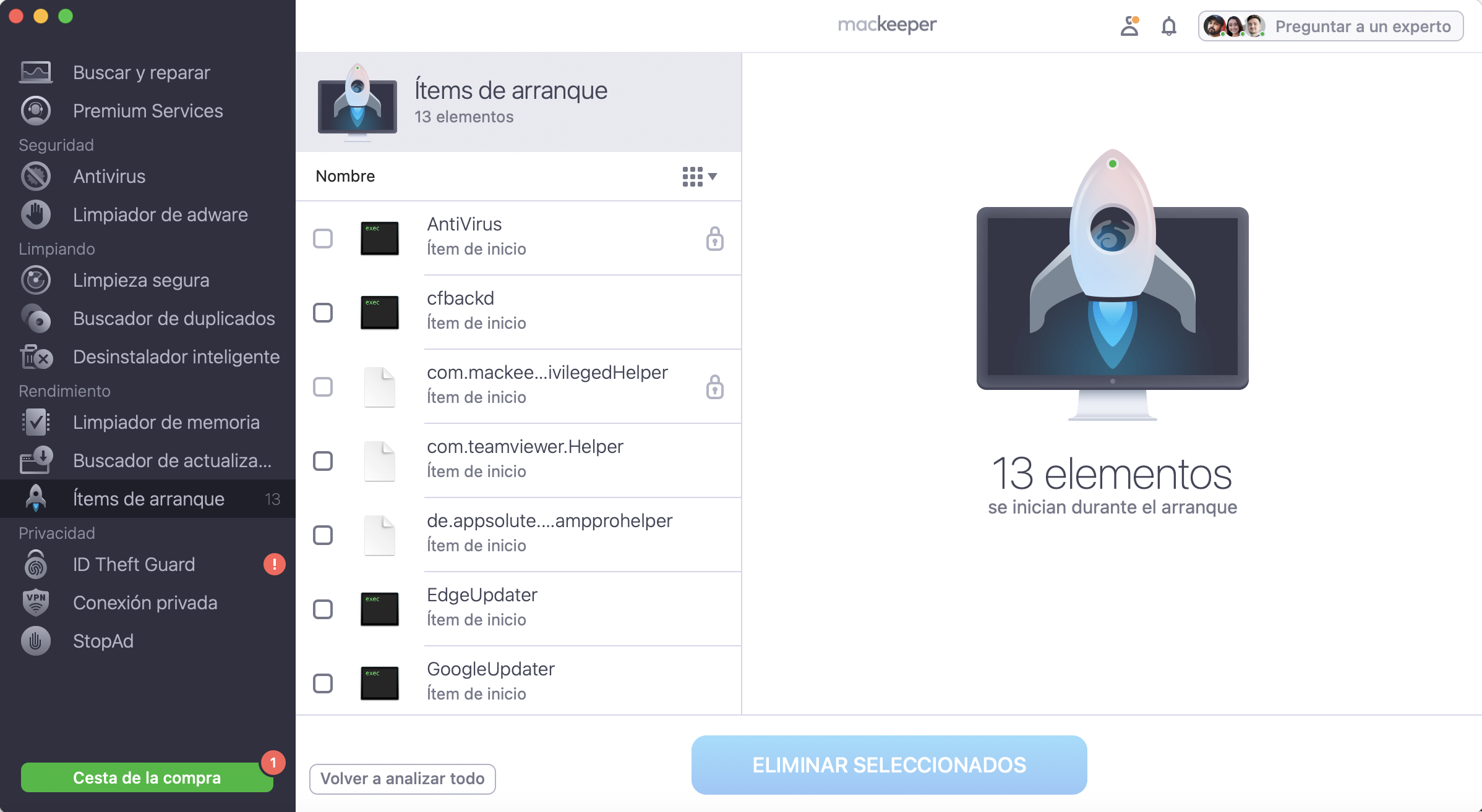 Para continuar con la gestión de los elementos de inicio en tu portátil Apple, espera a que el análisis finalice. Luego, selecciona las casillas de los programas que desees eliminar de la lista de elementos de inicio y haz clic en Eliminar elementos seleccionados.