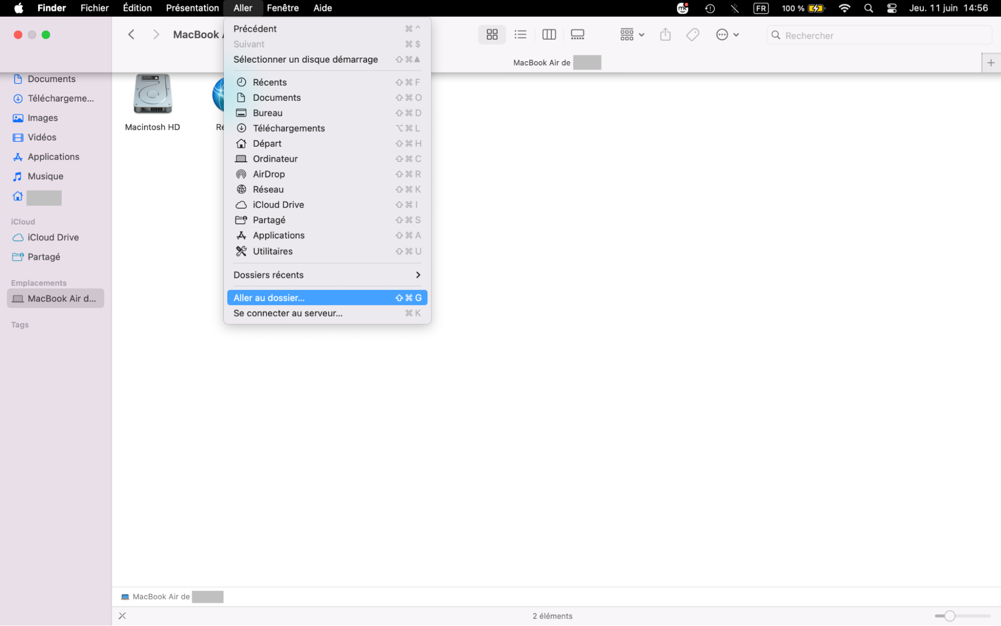 Dans la barre de menus, faites défiler jusqu’à Aller et saisissez le raccourci suivant > Maj + Commande + G pour pouvoir ouvrir le dossier « Éléments déplacés » sur votre MacBook.