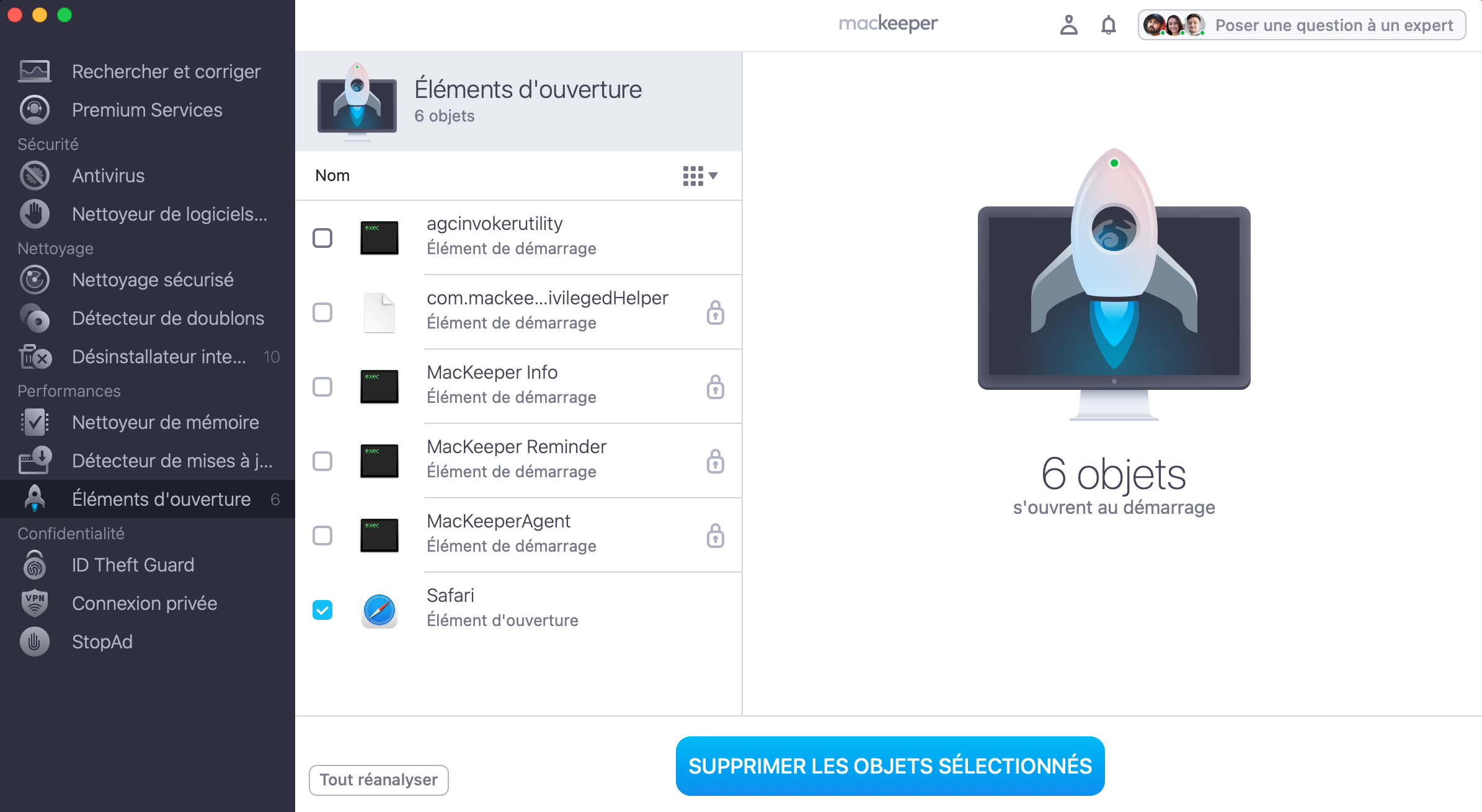 Attendez que l'outil Éléments d'ouverture de MacKeeper ait terminé son analyse, et choisissez les éléments que vous souhaitez supprimer. Cliquez sur Supprimer les objets sélectionnés.