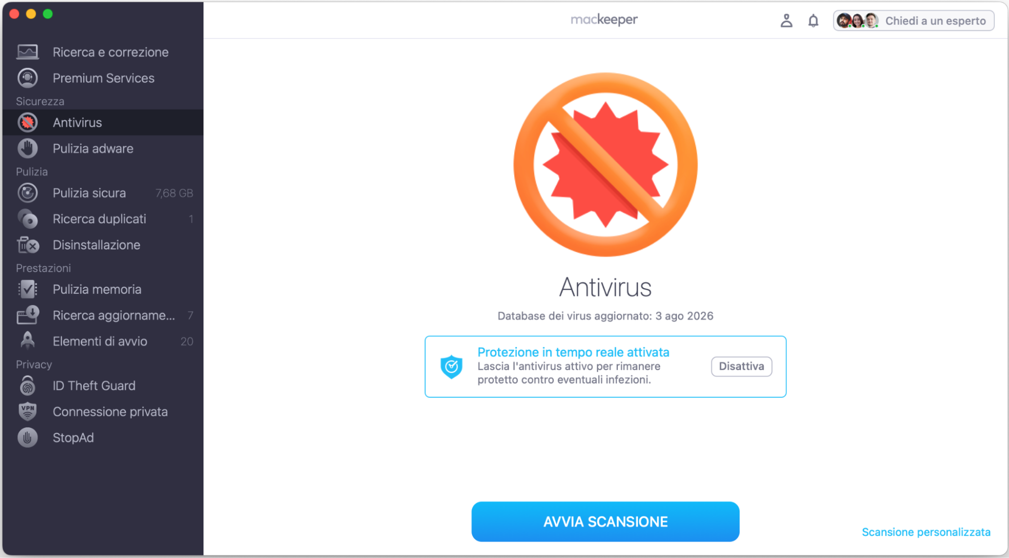 L'app MacKeeper è aperta su un Mac e lo strumento Antivirus è selezionato. L'utente deve cliccare sul pulsante Avvia scansione per iniziare a controllare il dispositivo alla ricerca di malware.