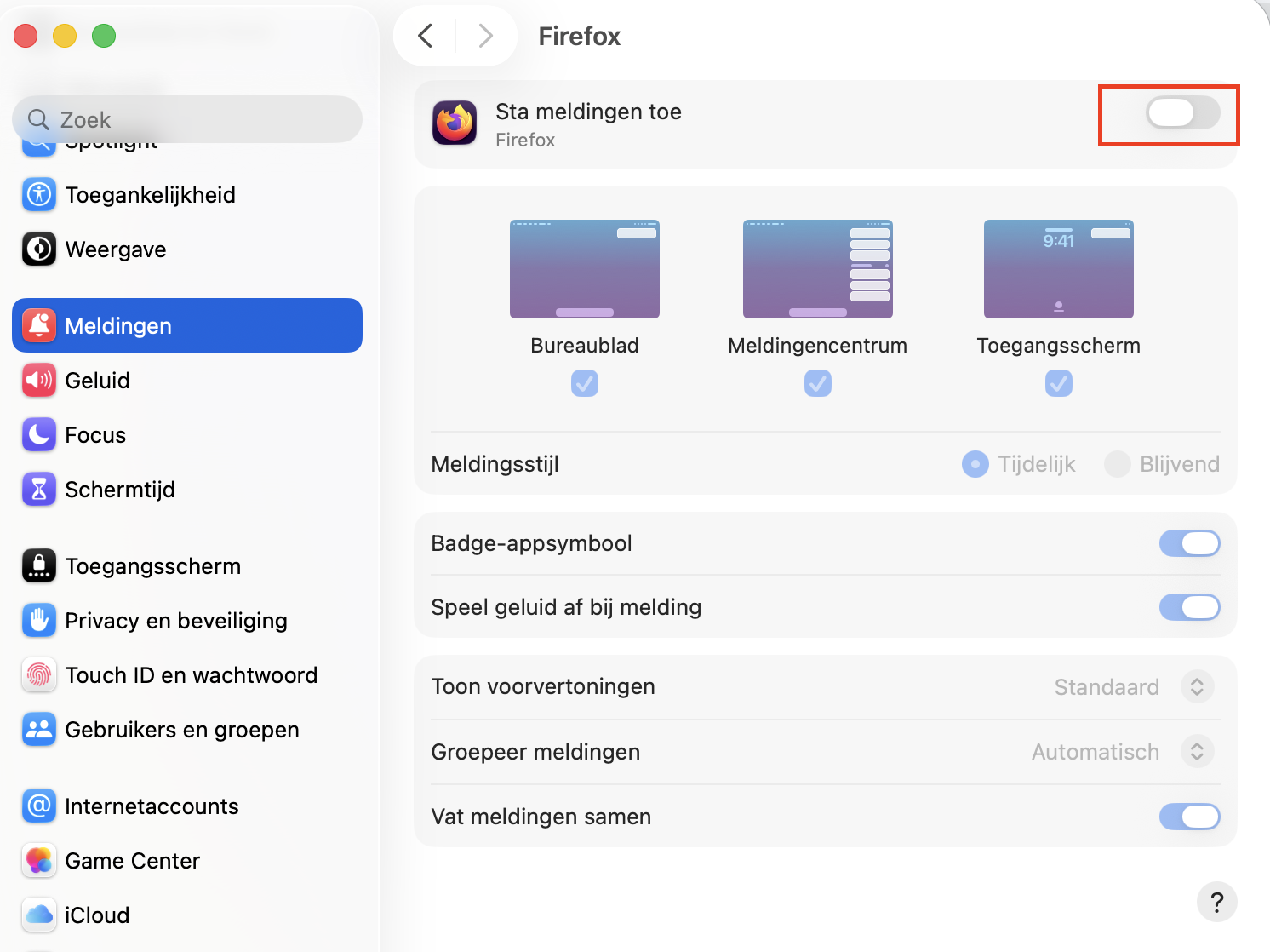Meldingsinstellingen van Apple, met opties voor Firefox zichtbaar. Meldingen zijn uitgeschakeld. Een stap in een handleiding over hoe je valse McAfee pop-ups kunt stoppen op de Mac.