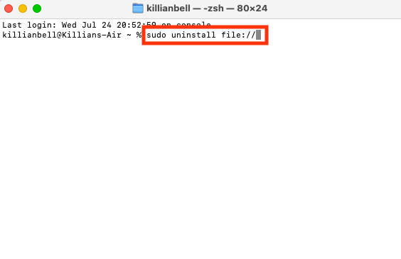 Comando per disinstallare le applicazioni nel Terminale su Mac. Puoi usarlo per disinstallare qualsiasi programma che non desideri più sul tuo computer.