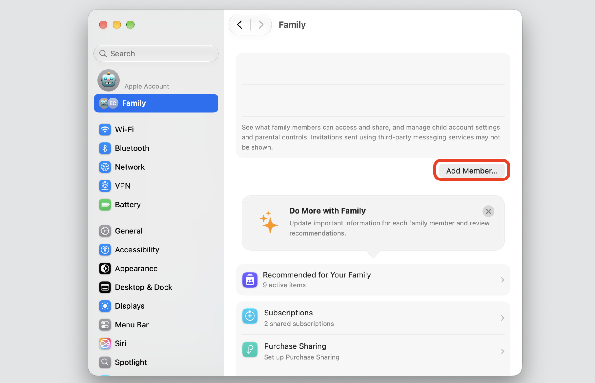 The Family pane in macOS System Settings on an iMac, with the Add Member button highlighted to invite people to your iCloud storage.