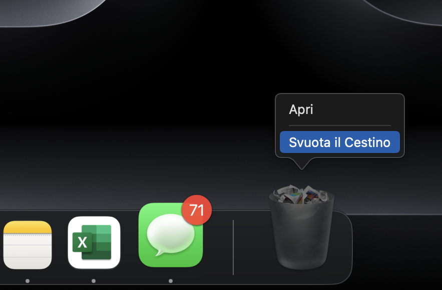 Il menu contestuale del Cestino su Mac. Dopo aver eliminato un'app da Applicazioni, è necessario svuotare il Cestino, altrimenti non verrà disinstallata.
