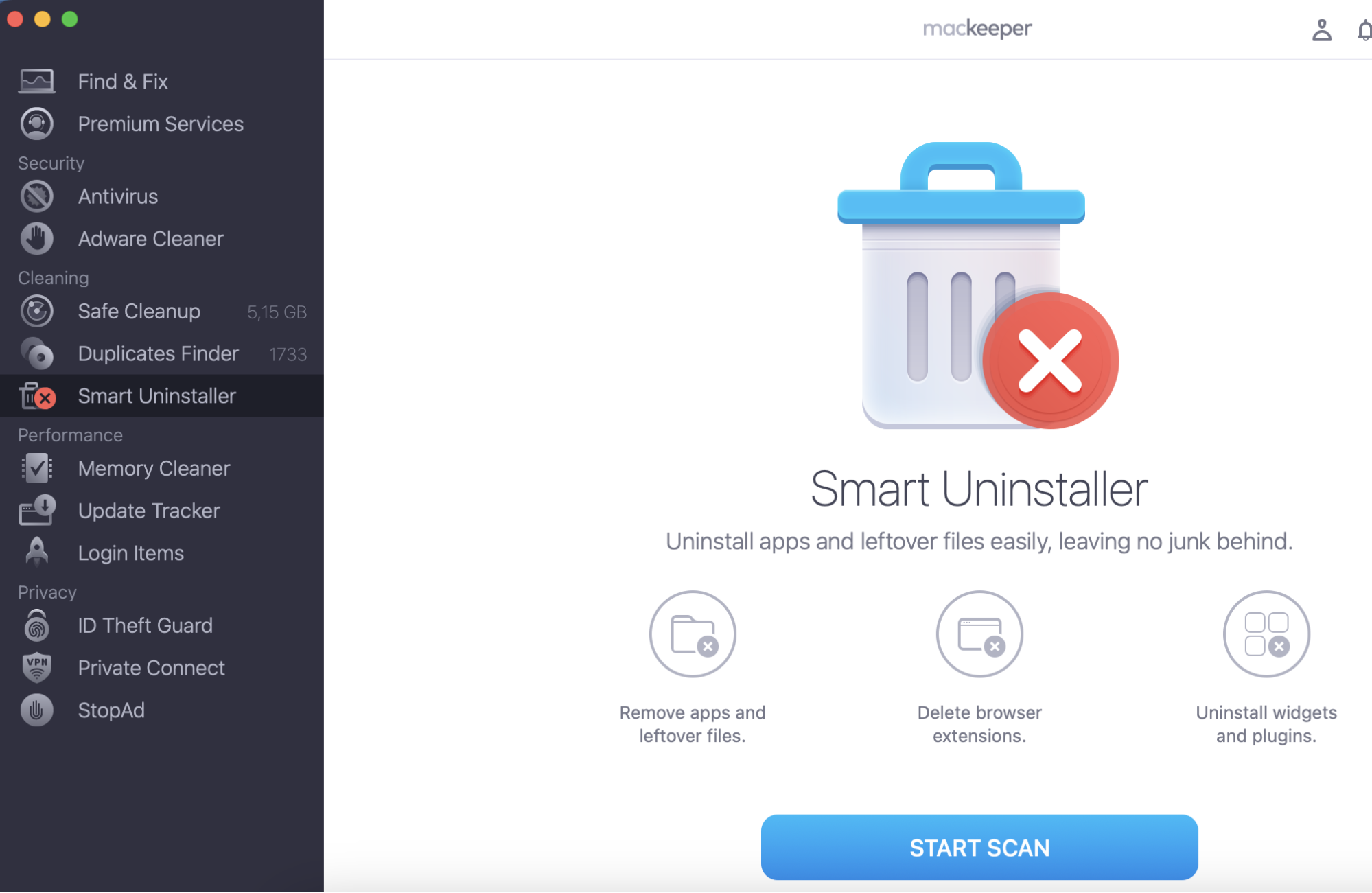 To remove the Docker app from your Mac, launch MacKeeper and select Smart Uninstaller. Then click Start Scan.