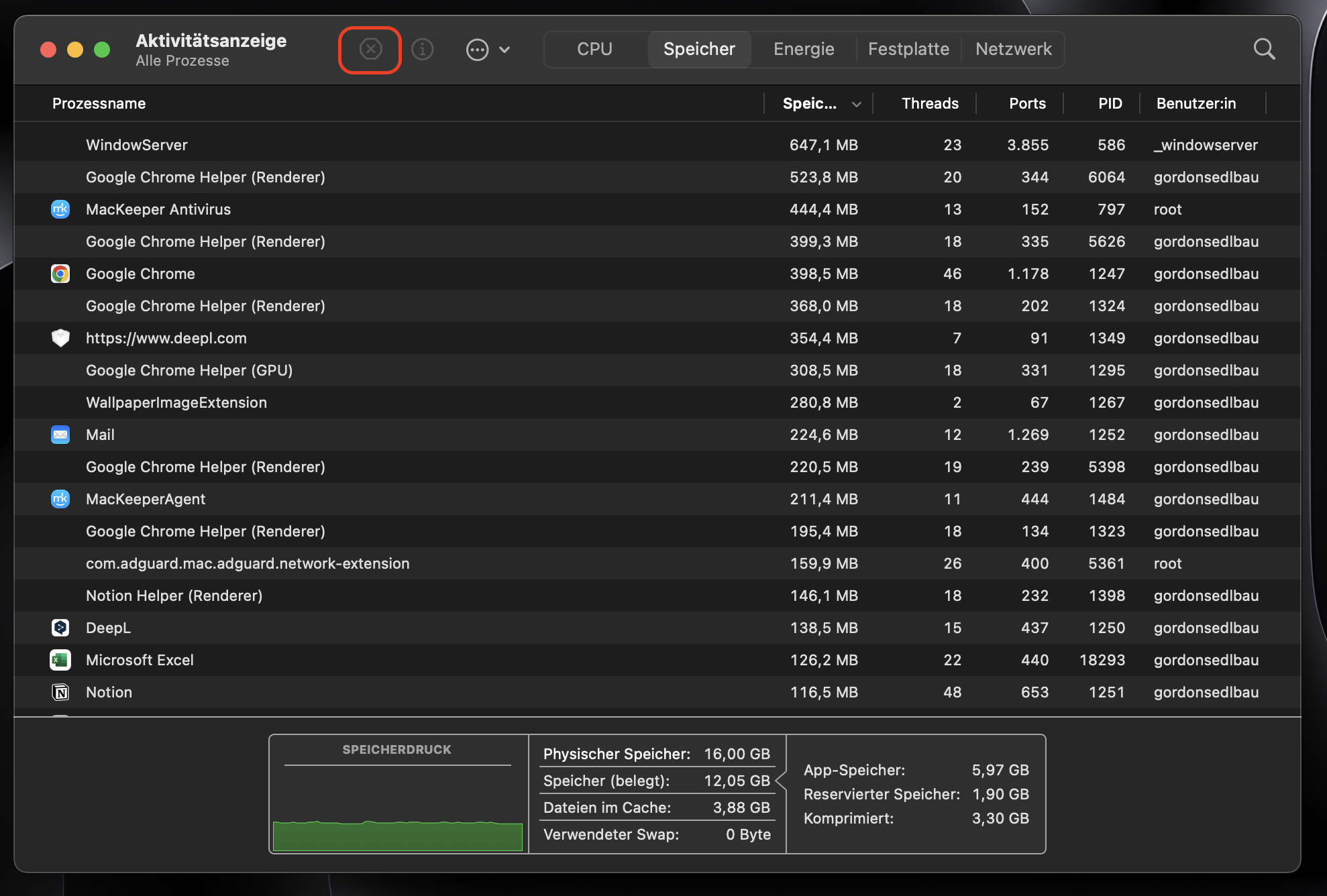 Wählen Sie die Anwendung aus, die den meisten Arbeitsspeicher beansprucht, und klicken Sie auf die Schaltfläche x.