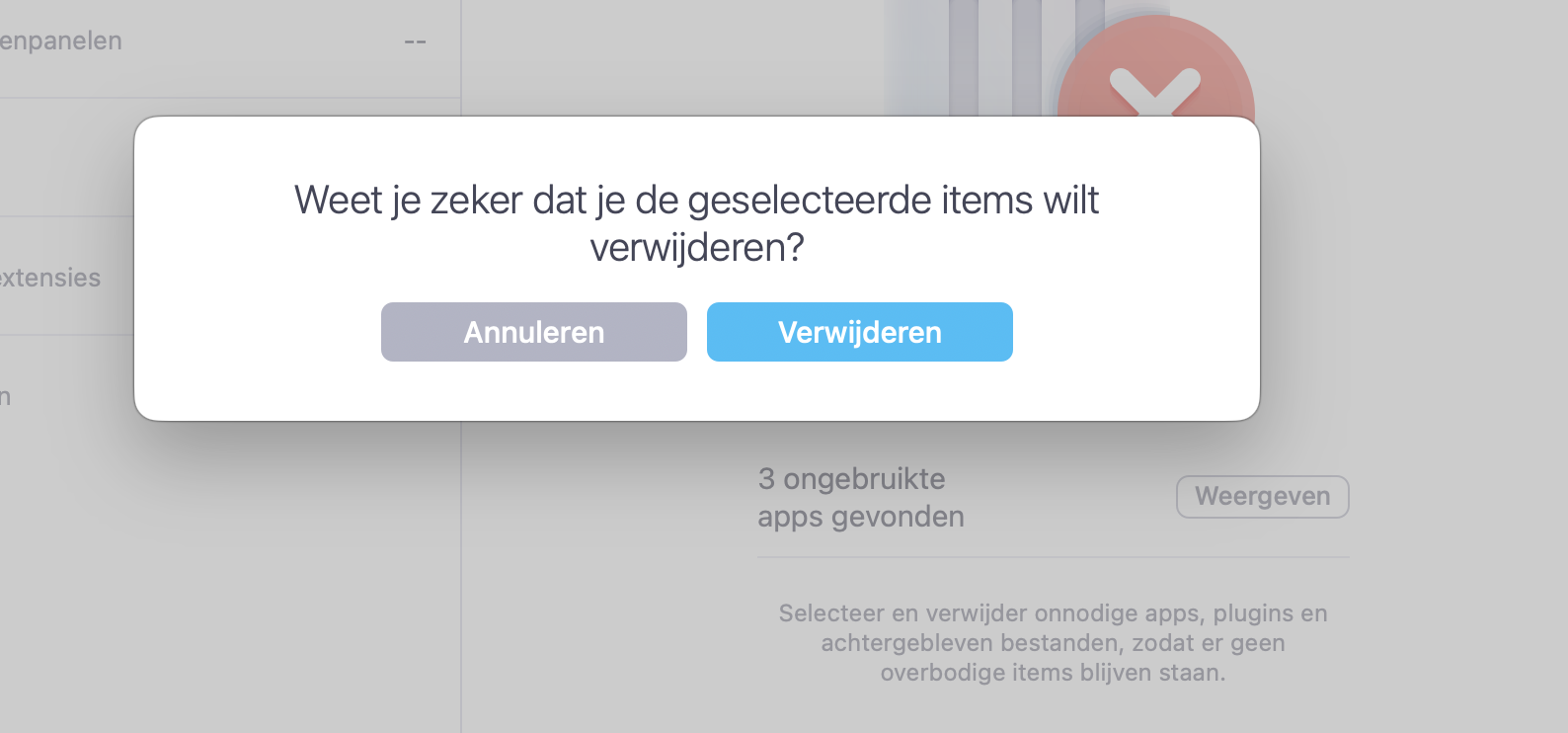Klik op Verwijder in de pop-up om de gekozen items volledig van je MacBook te verwijderen.