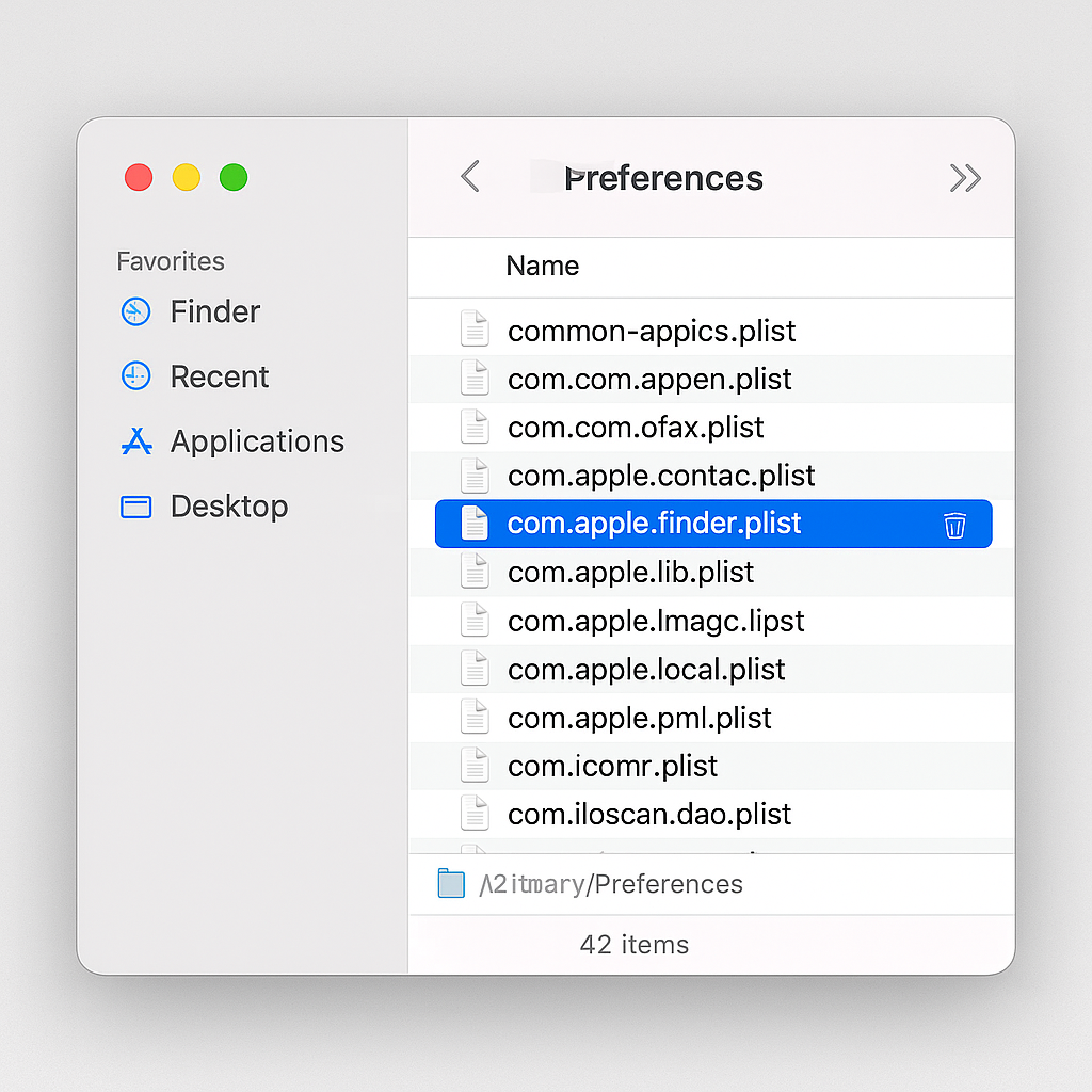 Continue the rebuilding Finder preferences process on yur mac by searching for the find the file com.apple.finder.plist, and deleting it.