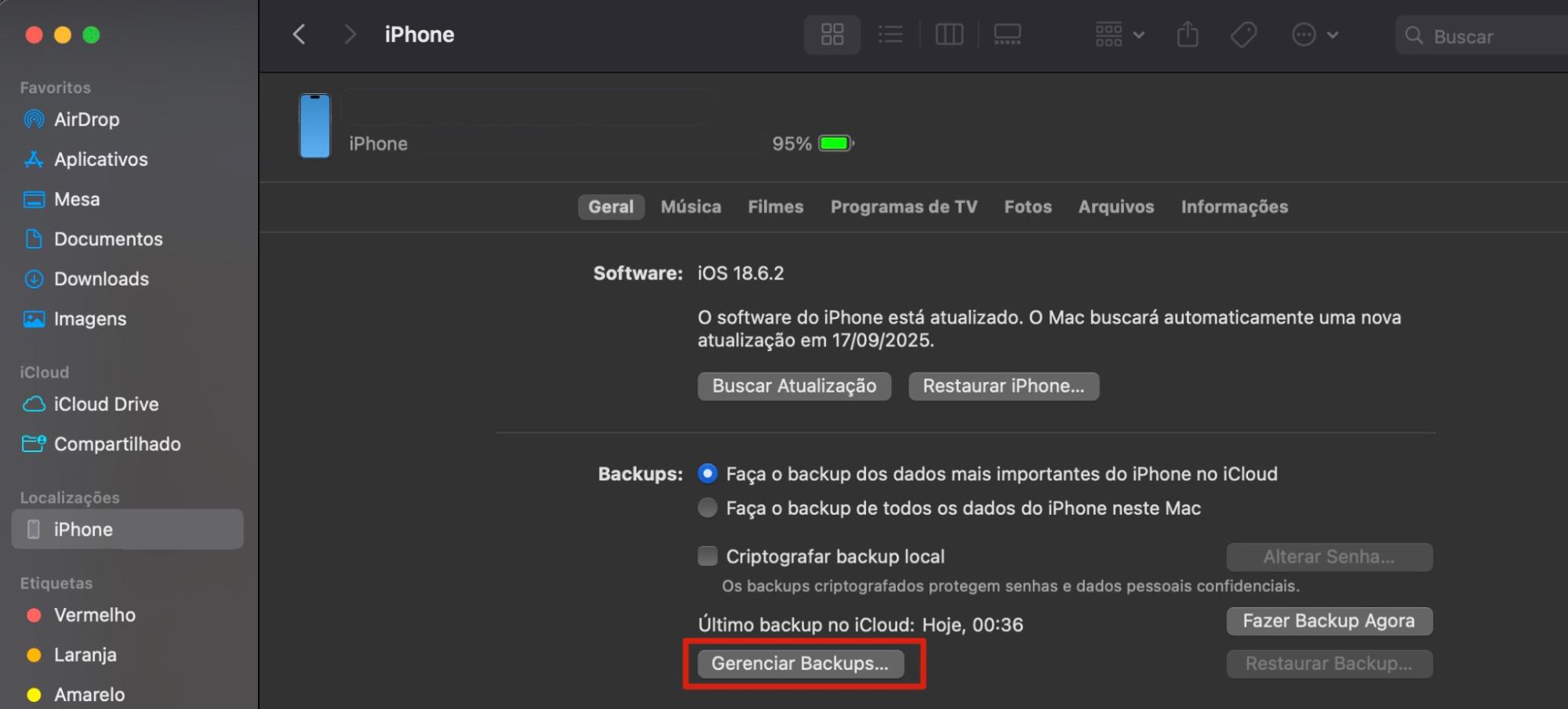O botão Gerenciar Backups para começar a remover backups do iOS.