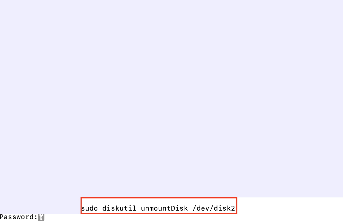 The Terminal app is opened on a Mac. Enter the command sudo diskutil unmountDisk /dev/disk2 to eject the disk via Terminal.