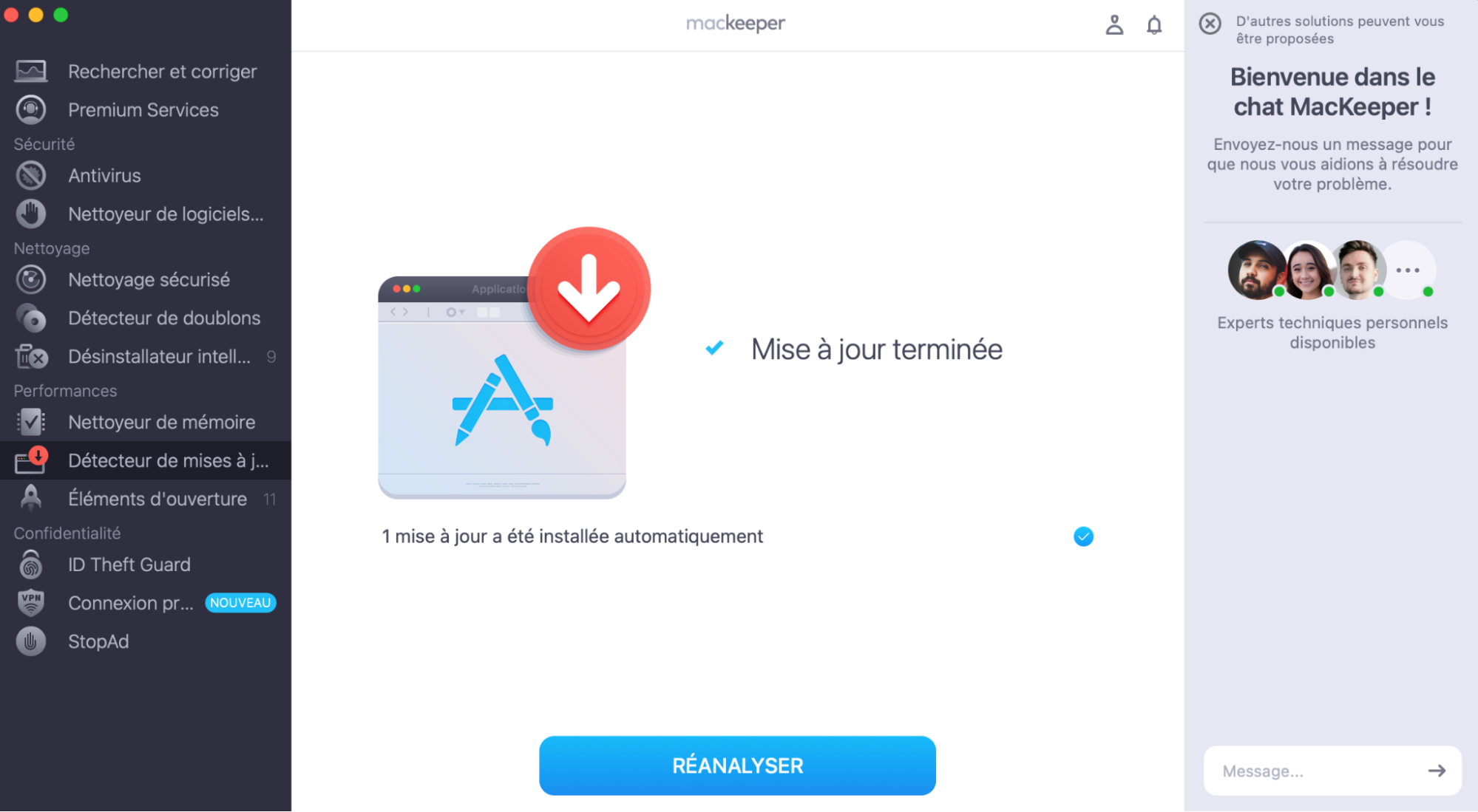 La mise à jour est terminée. Vous pouvez cliquer sur Réanalyser pour chercher plus de mises à jour.