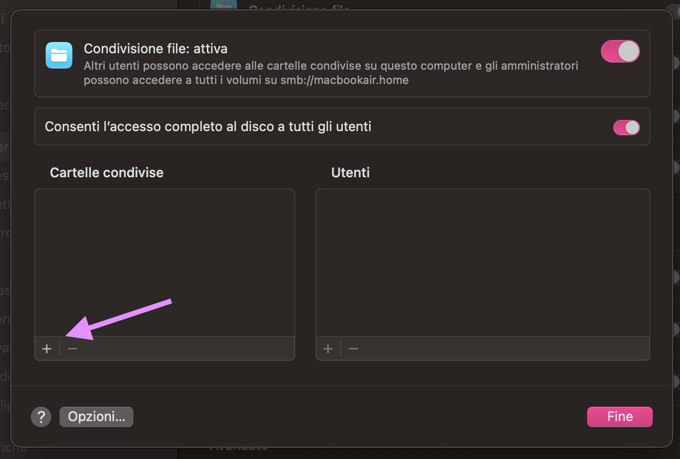 Impostazioni di Sistema mostra il menu Condivisione file su Mac. Per usare la condivisione file via Bluetooth e copiare file da un Mac all’altro, se necessario consenti l’accesso completo al disco, aggiungi le tue cartelle, poi fai clic su Fine.