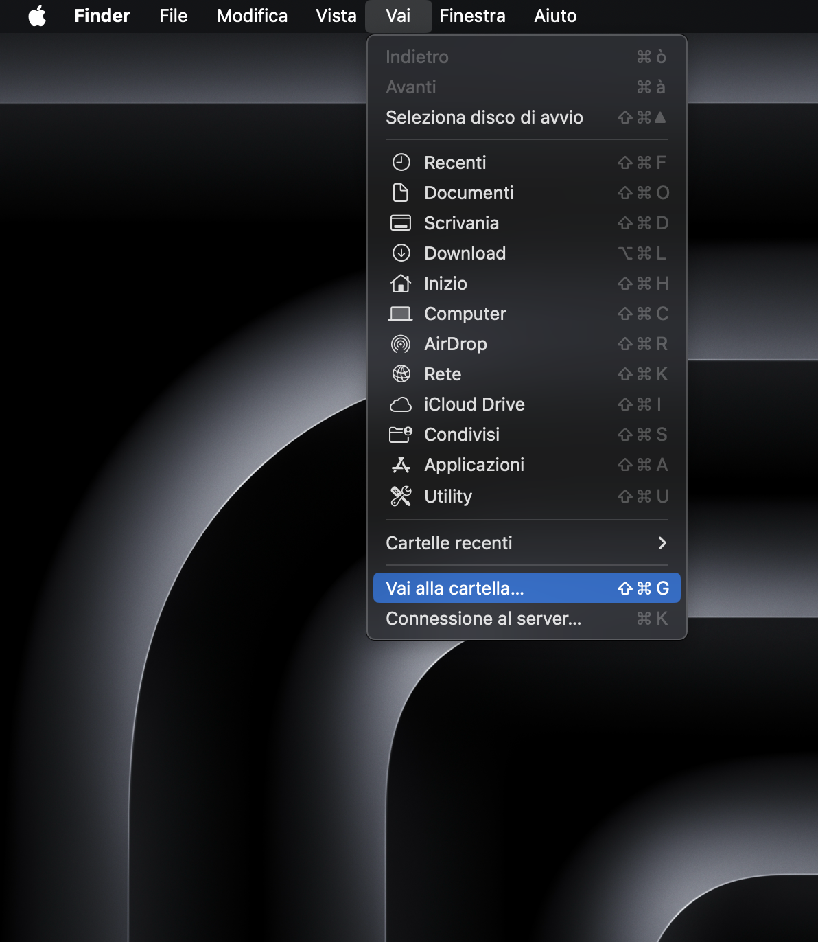 Reimposta i file con un elenco delle proprietà del mouse. Per farlo, apri il Finder, clicca su Vai nella barra dei menu e seleziona l'opzione Vai alla cartella.