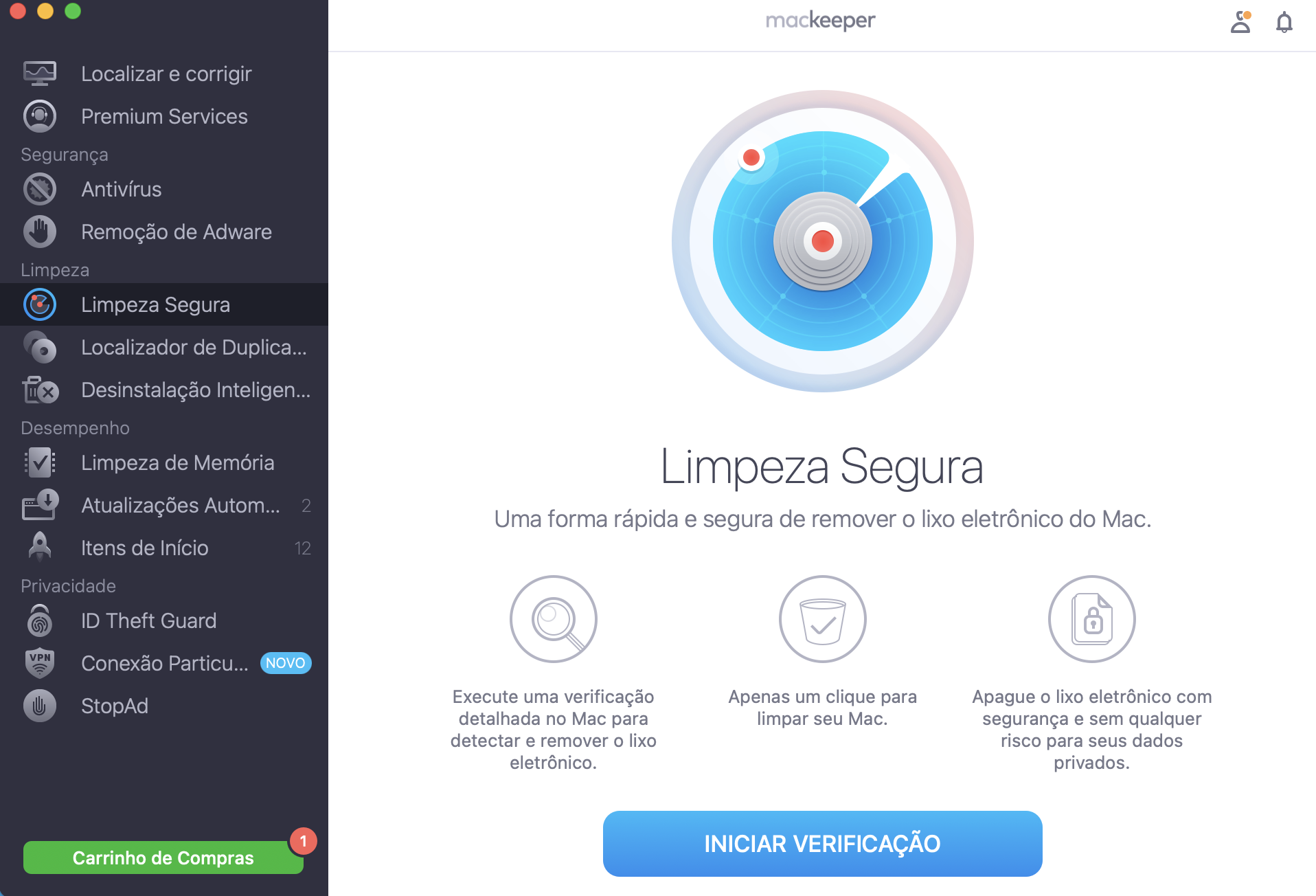 Vá ao MacKeeper e selecione Limpeza Segura, que encontrará na seção Limpeza. A partir daí, pode também clicar em Iniciar Verificação para avançar.