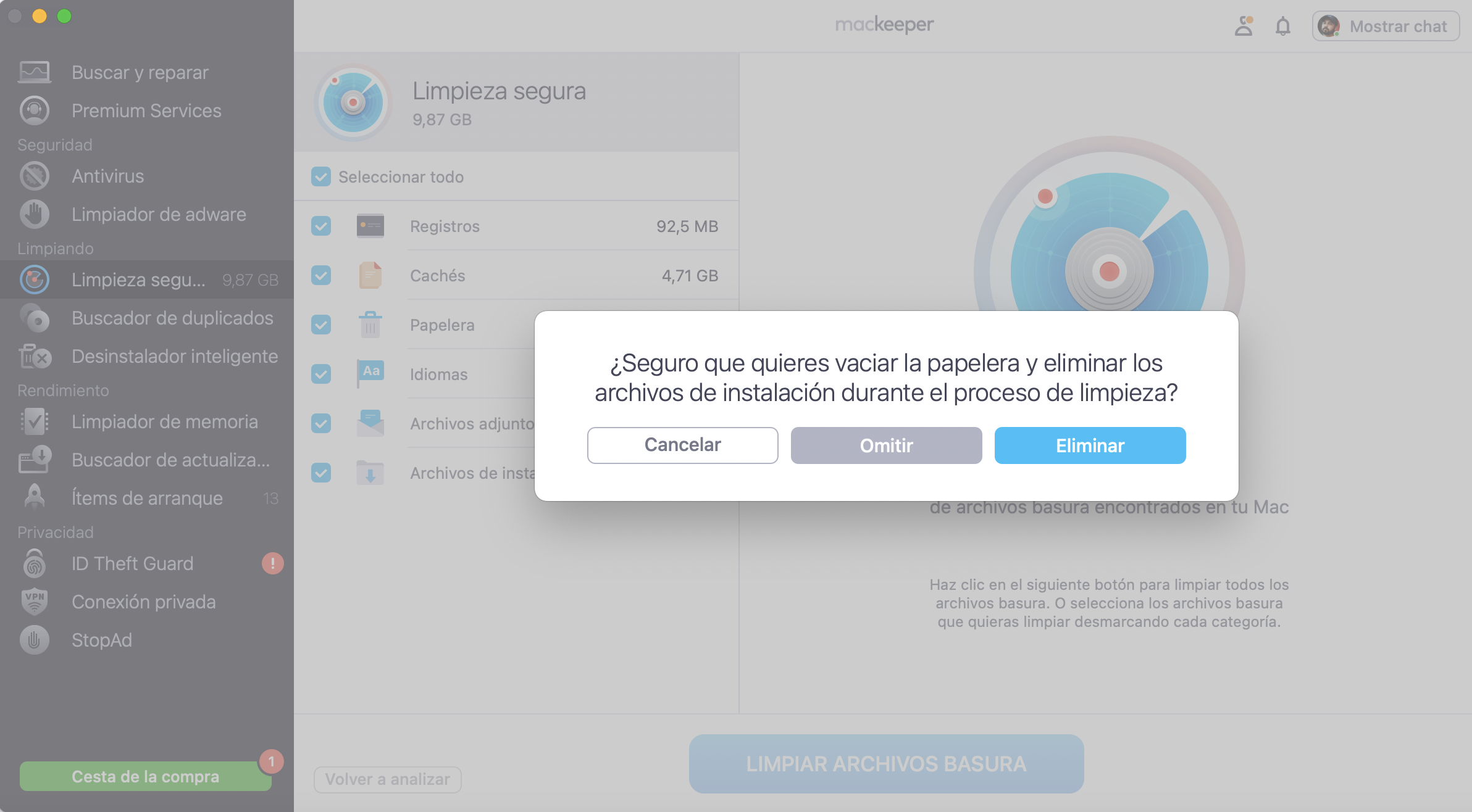 Haz clic en Eliminar en la ventana desplegable para que la Limpieza Segura de Mackeeper vacíe la papelera y elimine los archivos de instalación durante el proceso de limpieza.