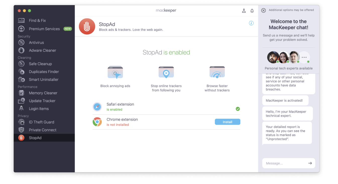 MacKeeper's StopAd solution helps block annoying ads on your device. You can install the extension for both Safari and Google Chrome