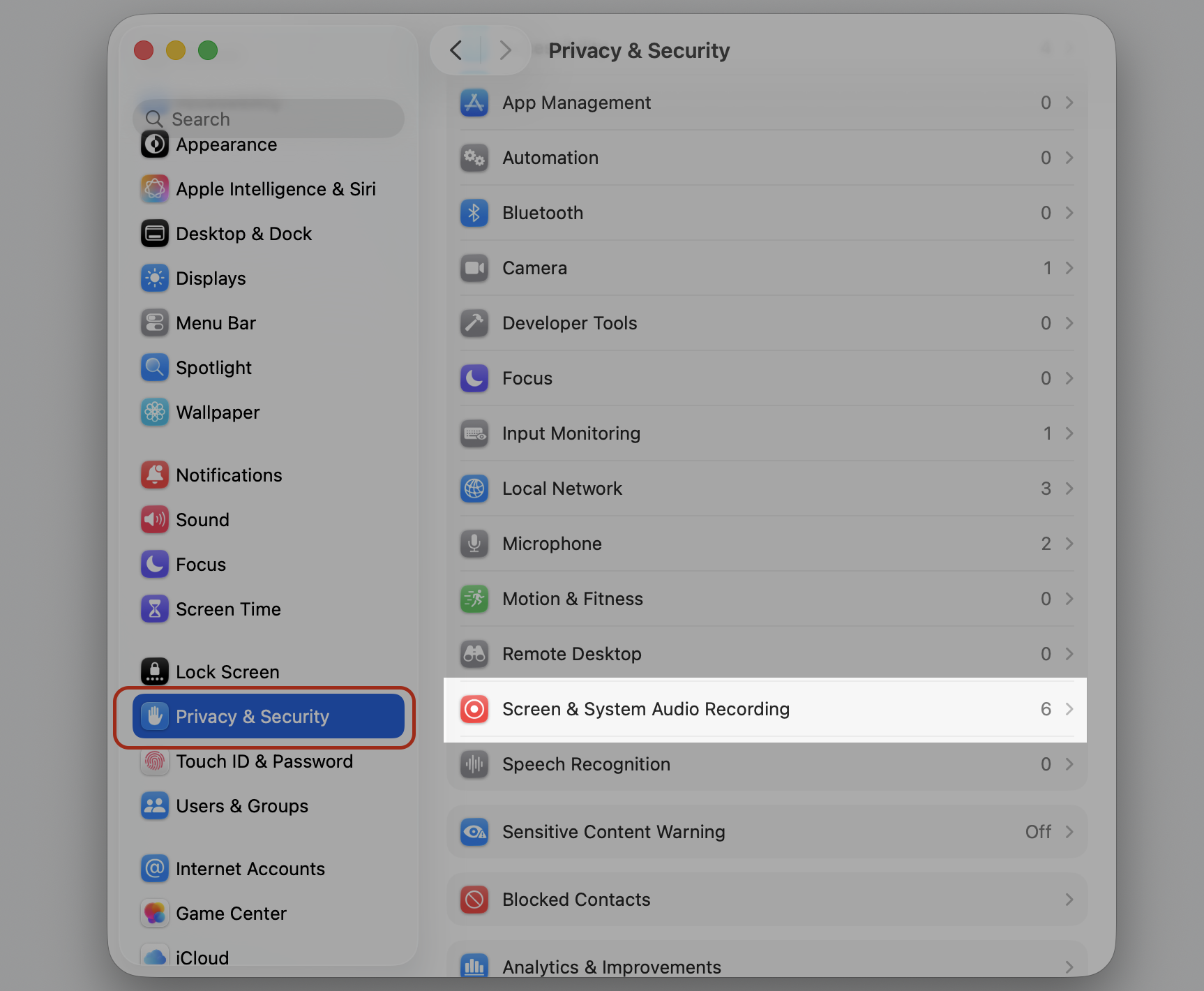 Privacy & Security selected in macOS System Settings on an iMac, opening Screen & System Audio Recording to grant ChatGPT access.