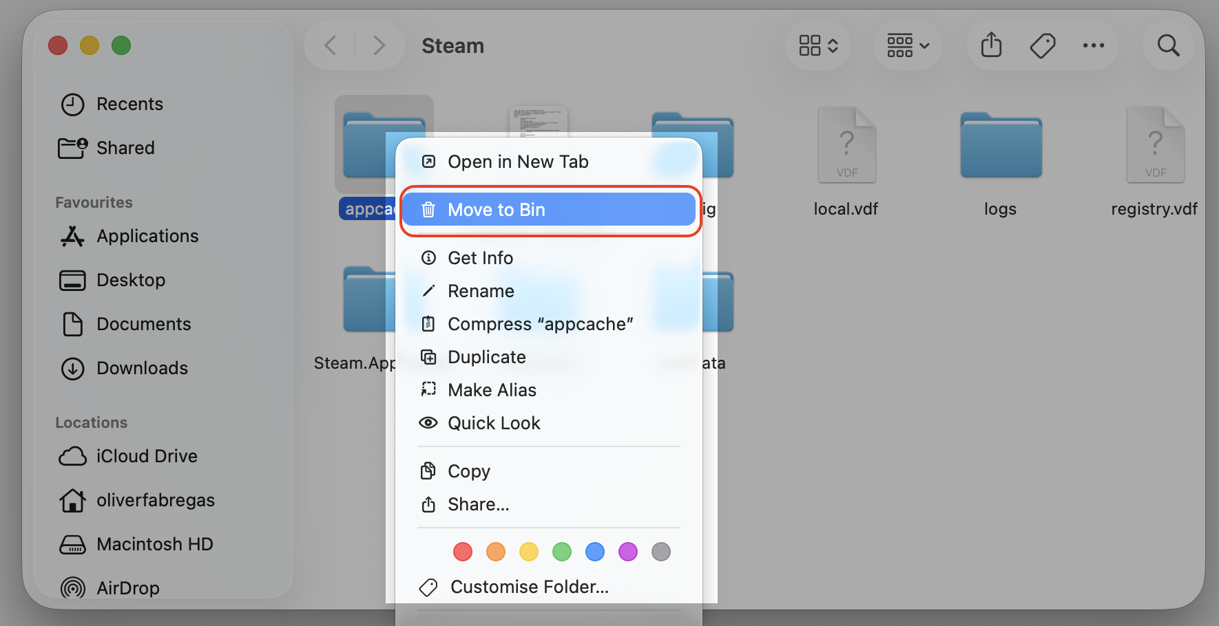 Right-click the appcache folder in Finder on your Mac and choose Move to Bin to clear Steam's cached files on macOS.
